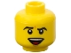 Part No: 3626pb0537  Name: Minifigure, Head Black Angled Eyebrows, Dark Orange Chin Dimple, Open Mouth Smile with Top Teeth and Red Tongue Pattern