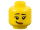 Part No: 3626pb0540  Name: Minifigure, Head Female Black Eyebrows Raised, Eyelashes, Medium Nougat Lips, Lopsided Grin with Dimple Pattern