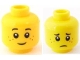 Lego part: Minifigure, Head Dual Sided Child Black Eyebrows, Reddish Brown Freckles, Grin / Sad Frown Pattern