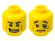 Part No: 3626pb0602  Name: Minifigure, Head Dual Sided Black Eyebrows, White Pupils, Open Smile with Gold Mouth Guard / Black Eye, Crooked Lips Sad Pattern