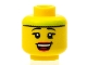 Part No: 3626pb0612  Name: Minifigure, Head Female Lime Headband, Black Eyebrows, Eyelashes, Red Lips, Open Mouth Smile with Top Teeth and Tongue Pattern