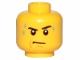 Part No: 3626pb0643  Name: Minifigure, Head Black Eyebrows, Left Raised, Bright Light Blue Sweat Drops, Nougat Jowl Line and Chin Dimple, Stern Pattern