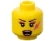 Part No: 3626pb0714  Name: Minifigure, Head Female Black Thin Eyebrows, Eyelashes, Dark Pink Eye Shadow, Lips, and Lightning Bolt, Open Mouth with Teeth Parted and Red Tongue Pattern