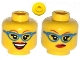 Part No: 3626pb0993  Name: Minifigure, Head Dual Sided Female Glasses with Blue Frame, Medium Nougat Eyebrows, Red Lips, Smirk / Open Smile Pattern