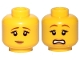 Lego part: Minifigure, Head Dual Sided Female Reddish Brown Eyebrows, Black Eyelashes, Nougat Lips, Slight Grin / Scared Open Mouth with Teeth Pattern