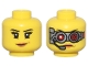 Part No: 3626pb1703  Name: Minifigure, Head Dual Sided Female Black Eyebrows, Eyelashes, Lopsided Grin with Dark Orange Lips / Silver Mechanical Goggles with Red Lenses and Headset Pattern