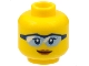 Part No: 3626pb1766  Name: Minifigure, Head Female Dark Blue Eyes and Eyelashes, Safety Glasses with Bright Light Blue Lenses and White Reflections, Dark Orange Lips, Slight Lopsided Grin Pattern
