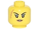 Part No: 3626pb1880  Name: Minifigure, Head Female Black Thin Long Eyebrows, Single Eyelashes, Sand Green Eye Shadow, Medium Nougat Lips and Large Scar, Slight Open Mouth Smile with Teeth Pattern