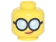 Part No: 3626pb1885  Name: Minifigure, Head Female Glasses Round with Bright Light Blue Lenses and Black Frames, Orange Lips with Slight Crooked Smile Pattern