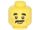 Part No: 3626pb1886  Name: Minifigure, Head Black Short Thick Eyebrows, Moustache, Nougat Cheek Lines and Creases Under Eyes, Lopsided Grin Pattern