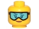 Lego part: Minifigure, Head Female Dark Blue Eyebrows, Eyelashes, and Eyes, Black Ski Goggles with Medium Azure Lens, Nougat Lips, Grin Pattern