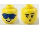 Part No: 3626pb2247  Name: Minifigure, Head Dual Sided Slotted Blue Sunglasses, Lopsided Open Mouth Smile with Top Teeth / Black Eyebrows, Left Raised, Upper Eyelids, Pursed Medium Nougat Lips Pattern