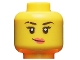 Part No: 3626pb2598  Name: Minifigure, Head Female Black Eyebrows with Gap in Right Eyebrow, Lopsided Smile with Coral Lips Pattern