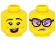 Part No: 3626pb2635  Name: Minifigure, Head Dual Sided Female Lavender Lips, Black Eyebrows, Freckles, Open Mouth with Teeth, Smile / Angry with Glasses Pattern