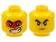 Part No: 3626pb2643  Name: Minifigure, Head Dual Sided Black Thick Eyebrows, Frown / Large Lopsided Open Mouth Grin with Teeth, Red Paint Splotch Around Eyes Pattern