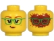 Part No: 3626pb2695  Name: Minifigure, Head Dual Sided Female, Dark Red Eyebrows, Green Glasses, Peach Lips, Freckles, Lopsided Grin / Covered with Cocoa Pattern