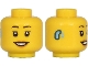 Part No: 3626pb2696  Name: Minifigure, Head Female Black Thin Eyebrows, Single Eyelashes, Medium Nougat Lips, Bright Light Blue Hearing Aid on Right, Open Mouth Smile with Teeth Pattern