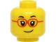 Part No: 3626pb2978  Name: Minifigure, Head Child Black Eyebrows, Single Eyelashes, Glasses with Red Frames, Lopsided Grin Pattern