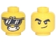 Part No: 3626pb2984  Name: Minifigure, Head Dual Sided Gold Trim Sunglasses with Reflections, Open Mouth Grin with Sparkle / Black Thick Eyebrows, Smirk Pattern