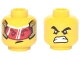 Part No: 3626pb2986  Name: Minifigure, Head Dual Sided Black Thick Eyebrows, Red Visor with Reflections, Crooked Scowl / Angry Grimace Pattern