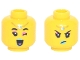 Part No: 3626pb2990  Name: Minifigure, Head Dual Sided Female, Dark Pink Eye Shadow, Medium Azure Lips, Gold Charm on Forehead, Open Mouth Smile and Wink / Angry Pattern