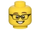 Lego part: Minifigure, Head Dark Brown Eyebrows, Black Rectangular Glasses, Open Mouth Smile, White Teeth, Chin Dimple Pattern