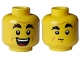 Part No: 3626pb3222  Name: Minifigure, Head Dual Sided Black Bushy Eyebrows, Forehead and Cheek Lines, Open Mouth Grin with Teeth / Closed Mouth, Chin Dimple Pattern