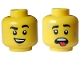 Part No: 3626pb3224  Name: Minifigure, Head Dual Sided Black Eyebrows, Smile with Teeth, Chin Dimple / Open Mouth, Red Tongue, Sweat Drops Pattern