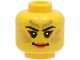 Part No: 3626pb3314  Name: Minifigure, Head Female Black Eyebrows, Gold Stripes Face Paint, Coral Lips and Eye Shadow, Smile Pattern (BAM)