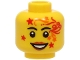 Part No: 3626pb3319  Name: Minifigure, Head Female Black Eyebrows, Dark Orange Lips, Red and Orange Face Paint with Stars and Lines, Open Mouth Smile with Teeth Pattern