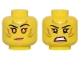 Part No: 3626pb3368  Name: Minifigure, Head Dual Sided Female Gold Stripes Face Paint, Coral Lips and Eye Shadow, Orange Eyes, Lopsided Grin / Bared Teeth Pattern