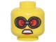 Part No: 3626pb3370  Name: Minifigure, Head Female Goggles with Silver Frames and Red Lenses, Red Lips and Open Mouth Scowl Pattern