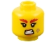 Part No: 3626pb3380  Name: Minifigure, Head Female Red Bushy Eyebrows, Orange Lips, Dark Tan Scuff Mark, and Bared Teeth Pattern