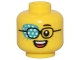 Part No: 3626pb3513  Name: Minifigure, Head Child Black Eyebrow and Glasses, Dark Turquoise Eye Patch with White Dots, Nougat Freckles, Open Mouth Smile with Teeth and Red Tongue Pattern