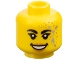 Part No: 3626pb3522  Name: Minifigure, Head Female Black Thick Eyebrows and Single Eyelashes, Nougat Lips, Gold Dots, Silver Stars Constellation, Open Mouth Smile with Teeth Pattern