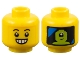 Part No: 3626pb3583  Name: Minifigure, Head Robot Black Eyebrows, Open Smile with Teeth, Bright Light Orange Rivets, Panel with Blue Streaks and Lime Alien Pilot on Back Pattern