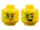 Lego part: Minifigure, Head Dual Sided Reddish Brown Eyebrow Left, Bright Green Eyebrow Right, Lime Eye and Slime, Smirk / Lopsided Open Mouth Smile with Teeth Parted Pattern