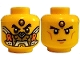 Part No: 3626pb3785  Name: Minifigure, Head Dual Sided Black Thick Eyebrows, Forehead Jewel, Gold, Orange and Silver Mask / Stern with Medium Nougat Cheek Lines and Chin Dimple Pattern