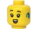 Part No: 3626pb3789  Name: Minifigure, Head Child Female Black Raised Eyebrows, Single Eyelashes, Dark Turquoise Hearing Aid on Left, Open Mouth Smile with Top Teeth and Red Tongue Pattern