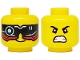 Lego part: Minifigure, Head Dual Sided Black and Red Visor with Silver and Metallic Light Blue Circuitry, Lopsided Grin / Eyebrows, Bottom Eyelids, Angry Bared Teeth Pattern