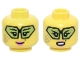 Part No: 3626pb3828  Name: Minifigure, Head Dual Sided Female Black Eyebrows, Double Eyelashes, Geometric Glasses with Lime Lenses, Gold Face Paint, Beauty Mark, Dark Pink Lips, Grin / Open Mouth Scowl with Teeth Pattern