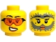 Part No: 3626pb3889  Name: Minifigure, Head Dual Sided Female Black Eyebrows, Beauty Mark, Orange Safety Glasses and Lips, Scared Open Mouth with Teeth / Surprised with Dark Bluish Gray Splotches Pattern