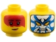 Part No: 3626pb4074  Name: Minifigure, Head Dual Sided Female, Large Red Tattoo and Nougat Lips / Blue and White Mask with Bright Light Orange Eyes Pattern