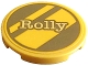 Lego part: Tile, Round 3 x 3 with Gold Dalmatian Dog Tag with Diagonal Stripes and Bright Light Yellow 'Rolly' Pattern (Sticker) - Set 43269