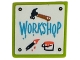 Part No: 3068pb2718  Name: Tile 2 x 2 with Hammer, Paint, Paintbrush and Medium Azure 'WORKSHOP' on White Background Pattern (Sticker) - Set 42652