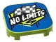 Lego part: Tile, Modified 4 x 4 with Rounded Corners and 4 Feet with White 'NO LIMITS' on Black Banner and Dark Bluish Gray Checkered Flags on Blue Background Pattern