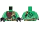Part No: 973pb6223c01  Name: Torso Tunic with Dark Green Hems, Dark Red Shirt, Dark Tan Strap, Gold Dragon Head, Ninjago Logogram Letter L on Back Pattern / Bright Green Arms / Black Hands