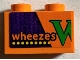 Lot ID: 285468264  Part No: 3004pb244  Name: Brick 1 x 2 with 'wheezes' and Yellow Dots on Dark Purple Background, Partial Green Letter W Pattern (Sticker) - Set 75978
