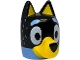 Part No: 109806pb02  Name: Minifigure, Head, Modified Dog (Cattle) with Straight Ears, Hole on Top with Molded Black Top and Yellow Muzzle and Auricles and Printed Eyes, Nose, Bright Light Blue Eyebrows and Fur Pattern