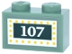 Part No: 3004pb380  Name: Brick 1 x 2 with Dark Green Marquee Sign, White '107' and Border with Yellow Dots Pattern (Sticker) - Set 43302
